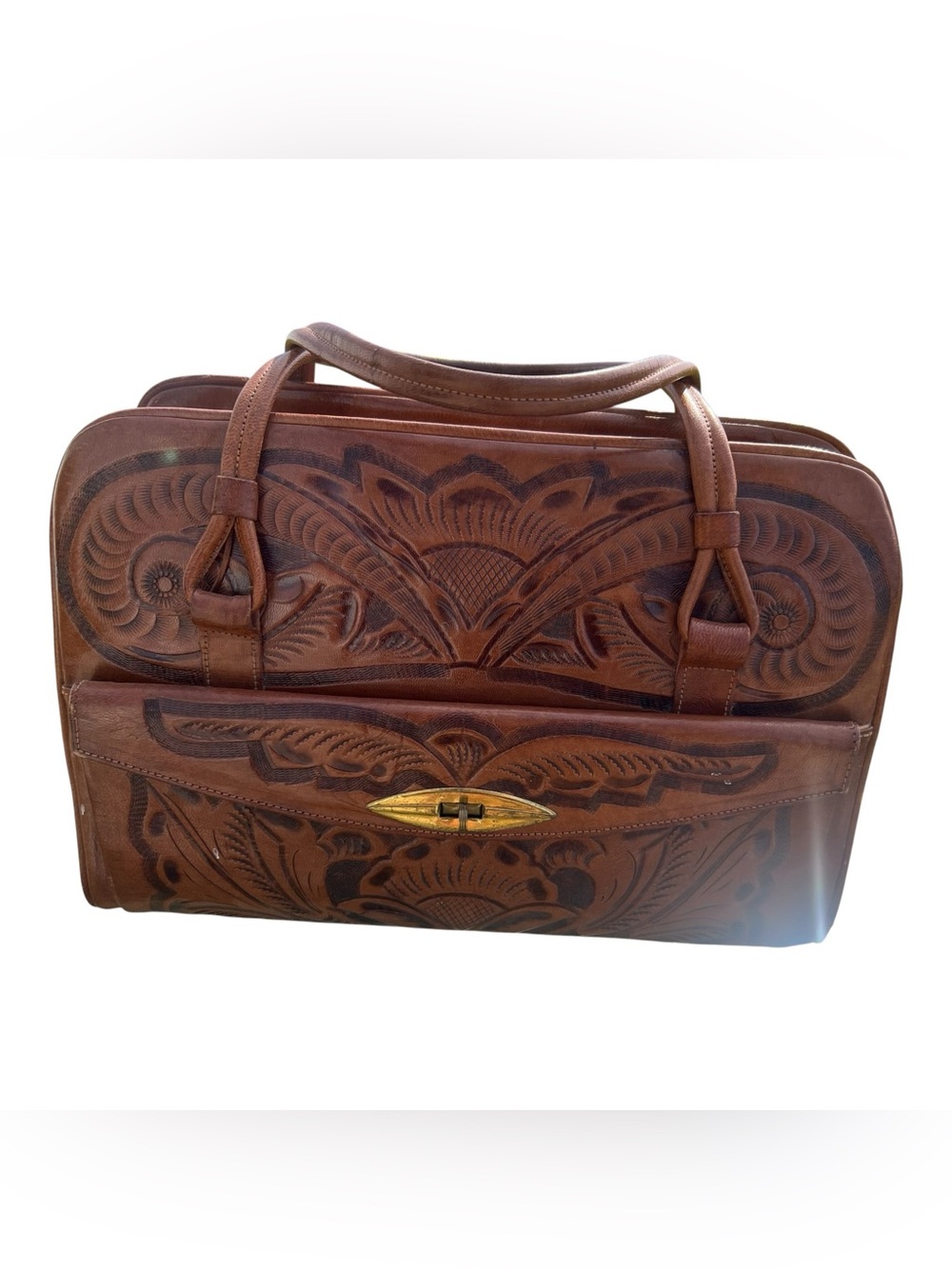 Vintage Mexican Tooled Leather Satchel Handbag Floral Western Brown Brass